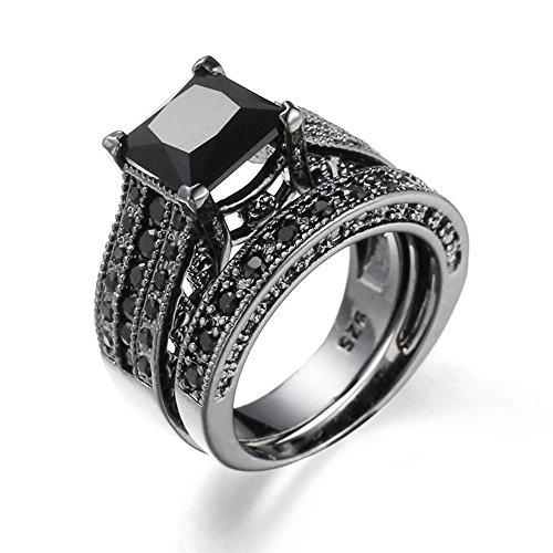 YWJewly Ehering Ring für Braut Damen 2-in-1 schwarzes Verlobungsband Set historische Frauen Silberringe mit Diamanten Ringe Für Damen 750 Echt (Black-B, One Size) von YWJewly