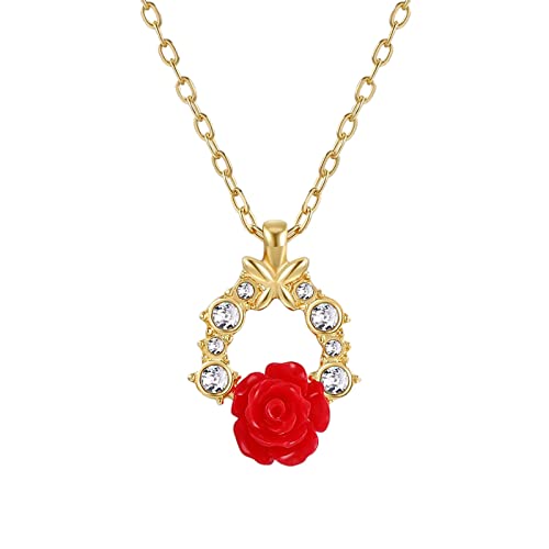 YWJewly Gold-Halsketten Romantischer Anhänger Rose Schlüsselbein Blumenkette Halskette Blumenketten & Anhänger Anhänger Mit Fotogravur (red,gold-D, One Size) von YWJewly