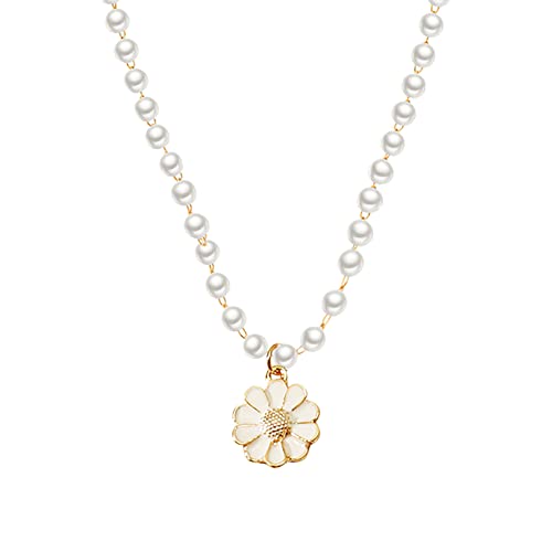 YWJewly Herren-Halskette Blumen-Perlen-Weiß-Halskette für Mädchen, Frauen, Freunde, Distanz, Geburtstagsgeschenke Halskette Versilbert (White, One Size) von YWJewly