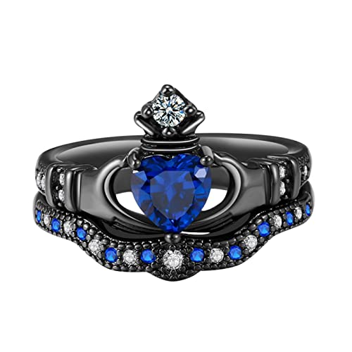 YWJewly Ringe Brautringe Beliebte Lady Holds Sapphire Heart Shaped Crown Ringe Schmuck Zubehör Geschenke Größe 5 bis 12 Verstellbare Ringe Damen Silber (Blue, 9) von YWJewly