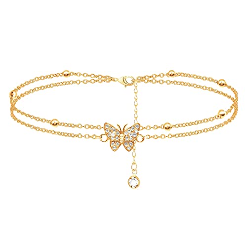 YWJewly Schmuck Fußkettchen Boho Doppel Fußkettchen für Frauen Schmetterling Anhänger Fußketten Schmetterling Charme Strand Armband Fußkettchen Ringschatulle Hochzeit (Gold, One Size) von YWJewly