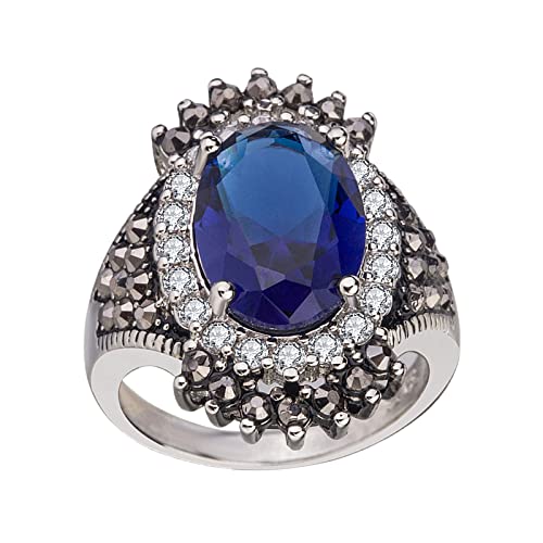 YWJewly Stilvoller silberner runder Ring Vintage Ring Big Ore Schmuck Roter Granatapfel Übertriebener Thai Silberring Schwarze Ringe Ringe Günstig Teenager (Light blue, 10) von YWJewly