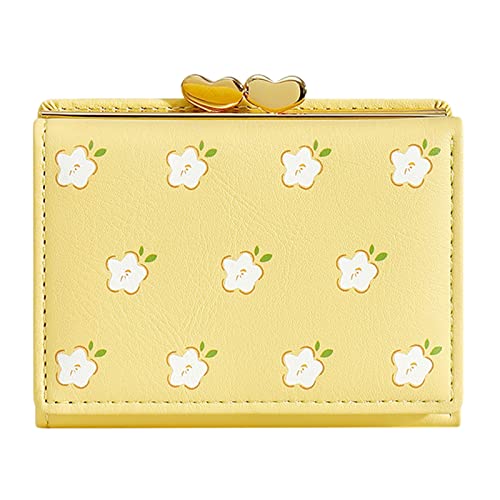Frauen Kurze Cartoon PU Student Blumendruck Brieftasche Clip Geldbörse Damen Brieftasche (Yellow, One Size) von YWLINK