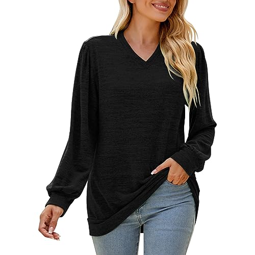 Langarm-T-Shirt für Damen, modisch, V-Ausschnitt, einfarbig, lässig, Blusen Frottee Damen Oberteil (Black, XXL) von YWLINK