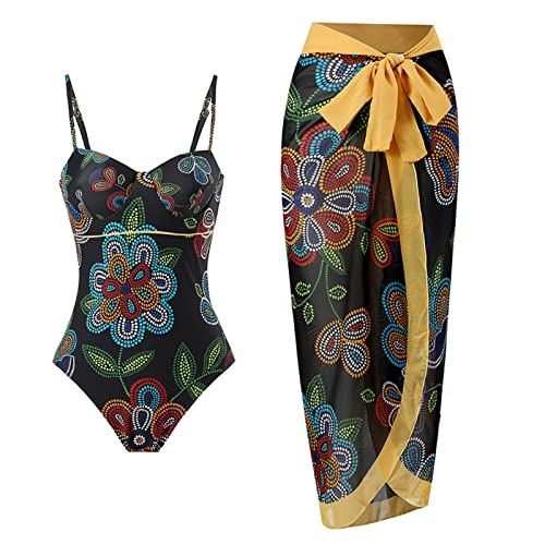 YWLINK Badeanzug Damen Bauchweg Damen Bedruckt High Waist Badeanzug Lange Rock Set 2 Teilig Mode Boho Einteiler Badeanzüge Swimsuit mit Strandrock Strandurlaub Schwimmanzug(Schwarz-e，L) von YWLINK