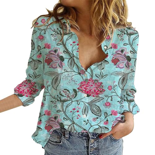 YWLINK Boho Bluse Damen Leinenbluse Summer Vintage Boho Style Blumen Bluse Ausgefallene Blusen Strandhemd V-Ausschnitt Langarmshirts Blusenshirt Langarm Kleidung Tops (Blue #2, L) von YWLINK