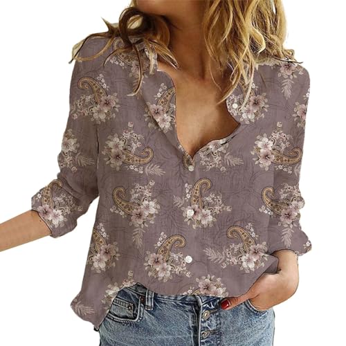 YWLINK Boho Bluse Damen Leinenbluse Summer Vintage Boho Style Blumen Bluse Ausgefallene Blusen Strandhemd V-Ausschnitt Langarmshirts Blusenshirt Langarm Kleidung Tops (Coffee #2, L) von YWLINK