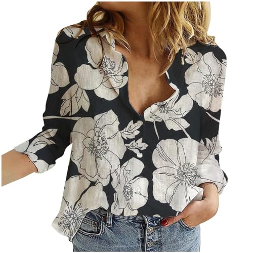 YWLINK Boho Bluse Damen Leinenbluse Summer Vintage Boho Style Blumen Bluse Ausgefallene Blusen Strandhemd V-Ausschnitt Langarmshirts Blusenshirt Langarm Kleidung Tops (Dark Gray #1, XL) von YWLINK