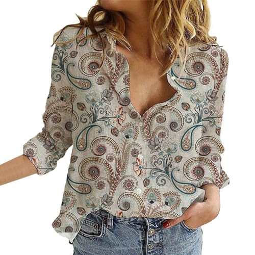 YWLINK Boho Bluse Damen Leinenbluse Summer Vintage Boho Style Blumen Bluse Ausgefallene Blusen Strandhemd V-Ausschnitt Langarmshirts Blusenshirt Langarm Kleidung Tops (Grey #2, M) von YWLINK