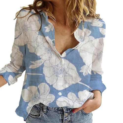 YWLINK Boho Bluse Damen Leinenbluse Summer Vintage Boho Style Blumen Bluse Ausgefallene Blusen Strandhemd V-Ausschnitt Langarmshirts Blusenshirt Langarm Kleidung Tops (Sky Blue #1, XL) von YWLINK