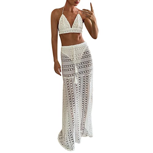 YWLINK Damen Bikini Cover Up Strandkleider Sommer Sexy Tunika Beach Minikleid Lang Kleid Sommer Maxi Hoch Split Mesh Strandkleid Damen Sexy Bodycon Minikleid(F-Weiß,L) von YWLINK