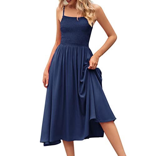 YWLINK Damen Freizeitkleid Sommer Spaghettiträger Blumenkleid Knielang Chiffon Strandkleid Damen Einfarbig Midikleid Hohe Taille Sommer Lässig Rüschen Kleid(Marine，S) von YWLINK