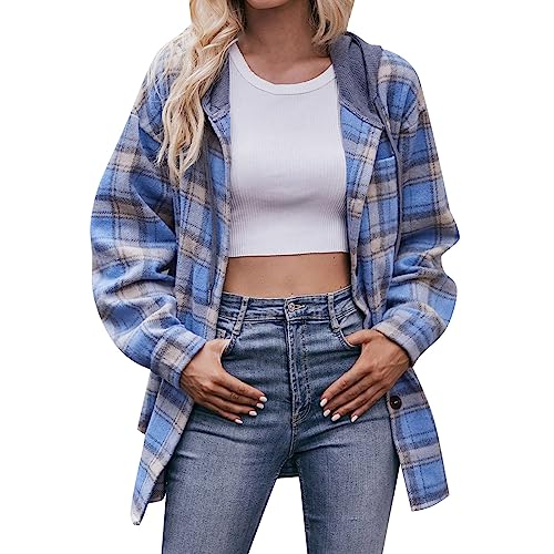 YWLINK Damen Hemd Kariertes Langarmshirt Karohemd Casual Winter Bluse Ärmeln Freizeithemd Top Outwear mit Kapuze Damen Flanellhemd mit Kapuze(Blau，L) von YWLINK