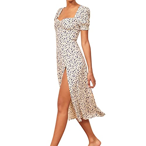 YWLINK Damen Kleider Sexy Schulterfrei Blumen Sommerkleid Hohe Taille Lange Strandkleid Puffärmel Boho Kleid Kordelzug Maxikleid mit Schlitz Boho Tunika Sommerkleid(Marine，XS) von YWLINK