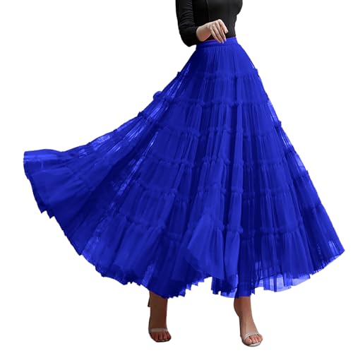 YWLINK Damen Langer Tüllrock Plissee Mesh Tutu Rock Layered A-Linie Maxirock für Kleid, Party, Abschlussball (Blue, One Size) von YWLINK