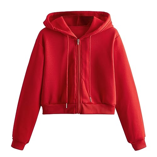 YWLINK Damen Sweatjacke Bauchfrei Kapuzenpullover Langarm Kurz Hoodie Sweatshirt, Crop Pullover Kapuzenjacke Cropped Jacke mit Kordel, Damen Sweatshirt Crop Pullover Tops(2-Rot，S) von YWLINK