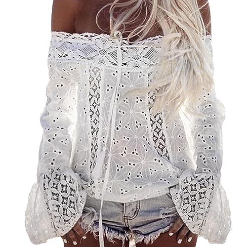 YWLINK Damen T-Shirt Schulterfrei Tops Langarm Shirts Slim Oberteil mit Herzausschnitt Einfarbig Basicshirt Top Häkeln Spitze Tunika Shirt(Weiß，S) von YWLINK