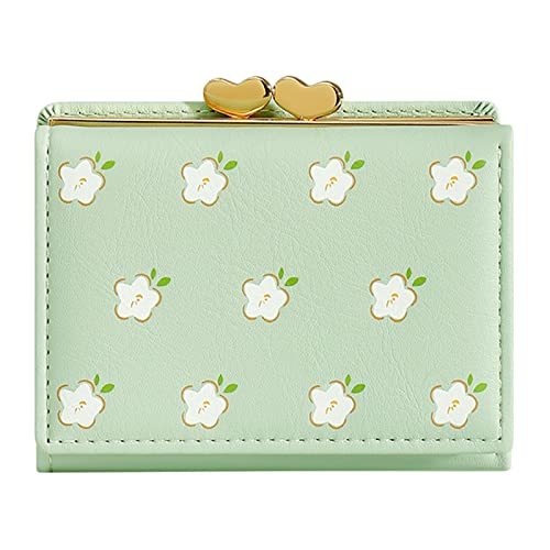 YWLINK Frauen Kurze Cartoon PU Student Blumendruck Brieftasche Clip Geldbörse Damen Brieftasche (Green, One Size) von YWLINK