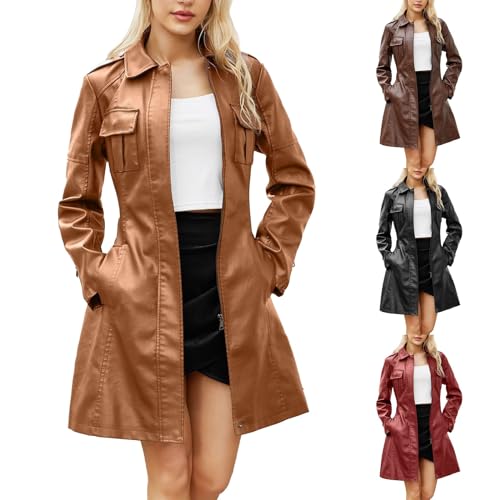 YWLINK Ledermantel Damen Einfarbige Windjacke aus Kunstleder Winterjacke mit Langem Turnkragen Lässiger Langarm Leder Cardigan Übergangsjacke Warmer Oberbekleidung(Braun，M) von YWLINK