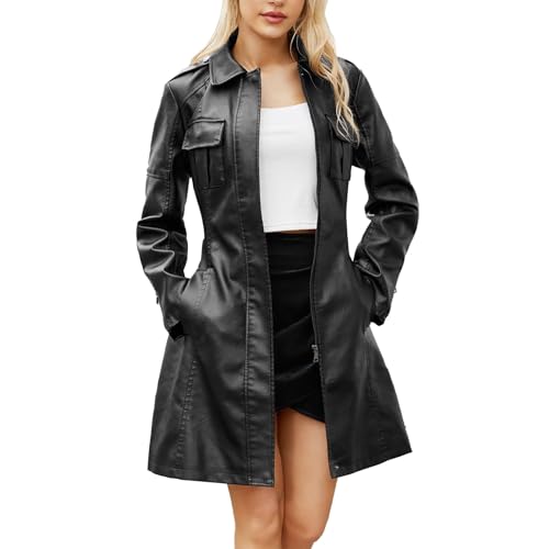 YWLINK Ledermantel Damen Einfarbige Windjacke aus Kunstleder Winterjacke mit Langem Turnkragen Lässiger Langarm Leder Cardigan Übergangsjacke Warmer Oberbekleidung(Schwarz，L) von YWLINK