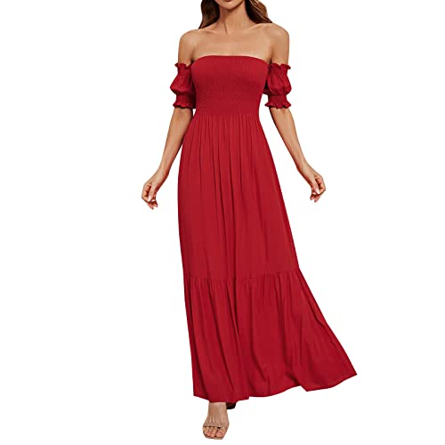 YWLINK Sommerkleider Damen Lang Strand Abendkleid Schulterfrei Maxikleid Off Shoulder Elegant Maxikleid Abendkleid Strandkleid Party Schulter Kleider Sexy Freizeitkleider(Rot，S) von YWLINK