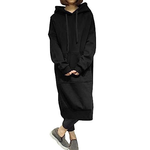 YWLINK Sweatkleid Damen Lang Hoodie Kleid Pullover Langarm Sweatshirts mit Kapuze Kapuzenpullover Casual Sweatshirtkleid Langarm Sweatshirts Kapuzenpullover Tops Herbst Mini Kleid(Schwarz，3XL) von YWLINK