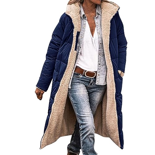 YWLINK Übergangsjacke Damen Warm Wintermäntel Reversibel Sherpa Fleece Lang Pufferjacken mit Kapuze Frauen Oberbekleidung Outdoorjacke Steppjacke Steppmantel Daunenjacke(Marine #1，M) von YWLINK