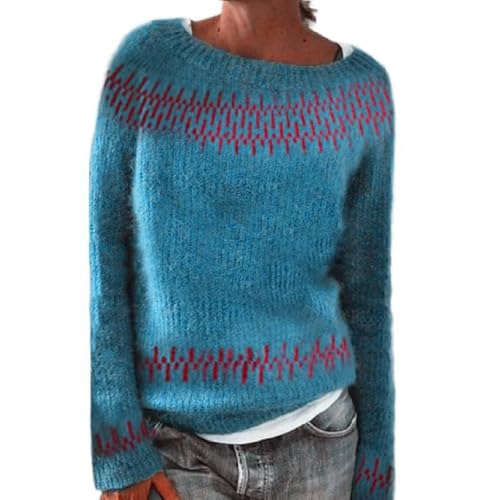 YWLINK Weihnachtspullover Damen Pullover Weihnachts Pullis Alpaka Wollpullover Winter Norwegen Bunte Grobstrickpullover Norwegerpulli Christmas Pulli (7-Blue, L) von YWLINK