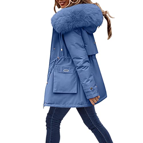 YWLINK Winterjacke Damen Daunenmantel Damen Lang mit Kapuze Winter Warm Winterjacke mit Kapuzen Kunstpelz Steppmantel Wintermantel Parka Winddicht Jacke Steppjacke Trenchcoat(Blau-3，3XL) von YWLINK