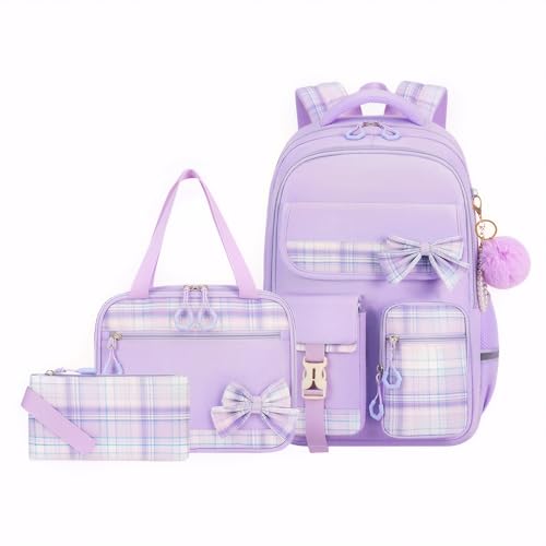 YWOIHL Niedlicher Schulrucksack mit Lunchtasche, Federmäppchen, mittlere Büchertasche für Kinder, Schleife, kariert, Schultaschen-Set für Mädchen, violett, M, Schulrucksack YWOIHL Niedlicher Schulrucksack mit Lunchtasche, Federmäppchen, mittlere Büchertasche für Kinder, Schleife, kariert, Schultaschen-Set für Mädchen, violett, M, Schulrucksack von YWOIHL