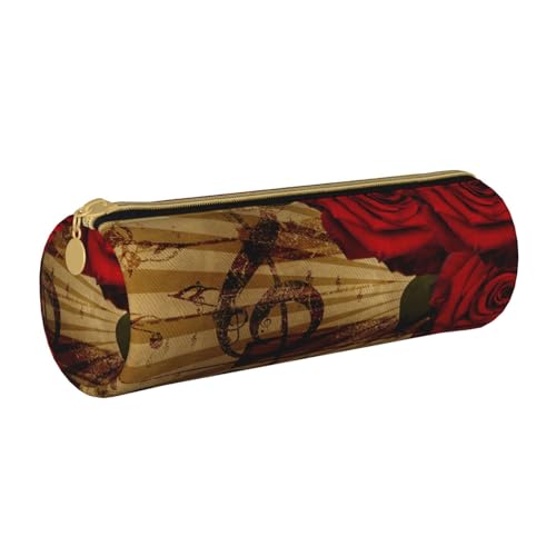 YWSOTRE Grunge Rose Vintage Musik, Federmäppchen, zylindrisches Stiftetui, tragbares Leder-Bleistiftetui mit Reißverschluss, Kosmetiktasche von YWSOTRE