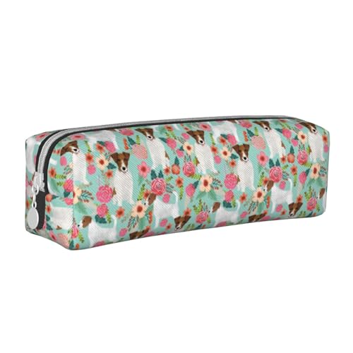 YWSOTRE Jack Russell Terrier Blumen, Bleistifttasche, Federmäppchen, tragbare Bleistifttasche aus Leder mit Reißverschluss, Kosmetiktasche von YWSOTRE