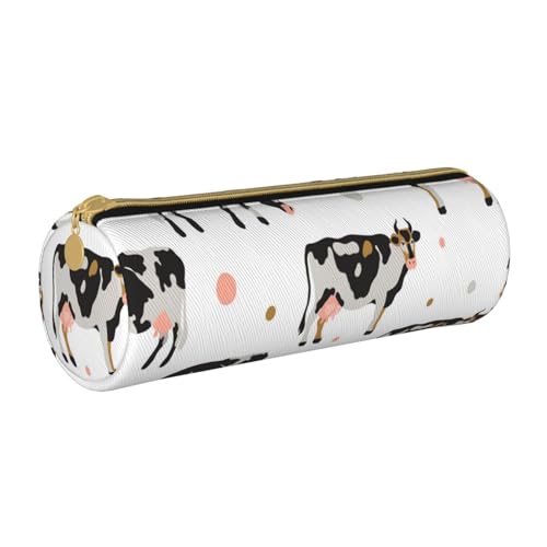 YWSOTRE Milch gefleckte Kuh Schwarze Kuh, Federmäppchen, zylindrisches Stiftetui, tragbares Leder-Bleistiftetui mit Reißverschluss, Kosmetiktasche von YWSOTRE