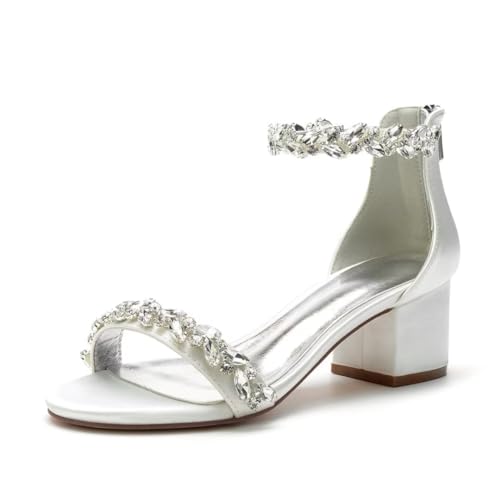 YWXYMGE Hochzeitssandalen mit klobigem Absatz, offener Zehenbereich, niedriger Blockabsatz, Strass, Damen-Sandalen mit Absatz, Elfenbein, 39 EU von YWXYMGE