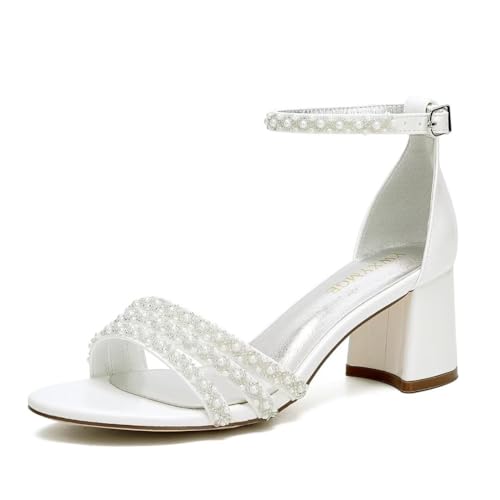 YWXYMGE Weiße Damen Blockabsatz Sandalen Offene Zehe Knöchelriemen Perle Hochzeitsschuhe für Braut Brautjungfern Mutter der Braut Abschlussball Abend Cocktail Ballkleid, Elfenbein, 6 cm, 36 EU von YWXYMGE