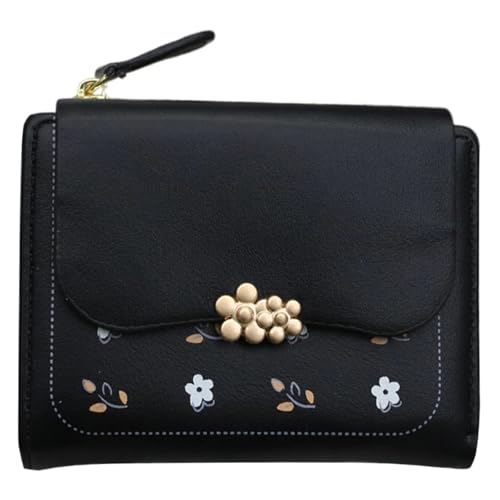YXADGML Geldbörse Damen Geldbörse mit Blumendruck, kleine Geldbörse aus PU, Kartenhalter mit Mehreren Fächern(Black) von YXADGML