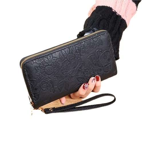 YXADGML Geldbörse Damen Langes Portemonnaie mit Blumenprägung, Kreditkartenhalter aus PU-Leder, Schlichtes trendiges Portemonnaie for Damen mit Münzfach und Handbemalung(Black) von YXADGML