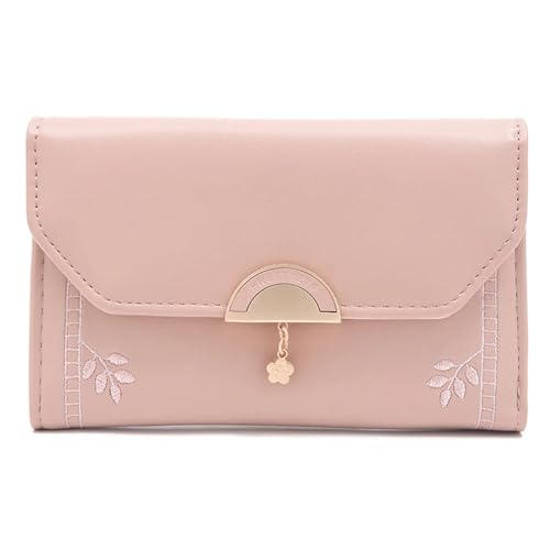 YXADGML Geldbörse Damen Mittelgroße Geldbörse mit Kartenhalter, PU-Leder, Damengeldbörse, hohe Kapazität, Blatt-Design, Münzgeldbörse for Mädchen, dreifach gefaltet(Pink) von YXADGML