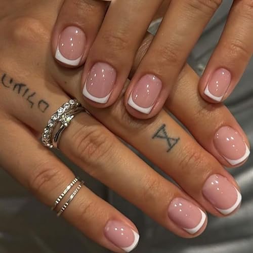 French Tip Künstliche Nägel – 24 Stück quadratische Nägel zum Aufdrücken kurz in 15 Größen – Glänzend Rosa Weiß French Falsche Nägel – Abnehmbare Full Cover Fake Nails – Nagelspitzen für Frauen von YXBZKGDCNG