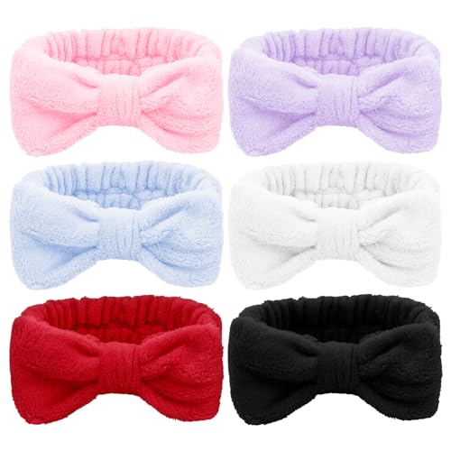 Fuzzy Cloth Hautpflege-Stirnbänder, niedliche Schleife, Haarbänder für Damen-Make-up, Gesichtswäsche, Haut, 6 Stück von YXBZKGDCNG