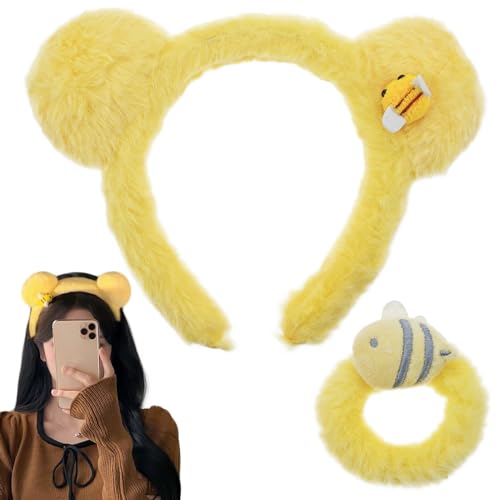 Gelbe Plüsch-Ohren-Haarbänder, 2-teiliges Spa-Stirnband und Armband, weiche Handtücher, Waschbänder, elastisches Plüsch-Spa-Haarband, Pferdeschwanz-Halter von YXBZKGDCNG