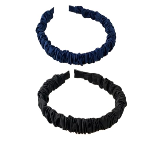 Gerüschte Stirnbänder für Damen, einfarbig, gerüscht, dünn, Satin, plissiert, zum Waschen des Gesichts (schwarz + blau, Einheitsgröße), 2 Stück von YXBZKGDCNG