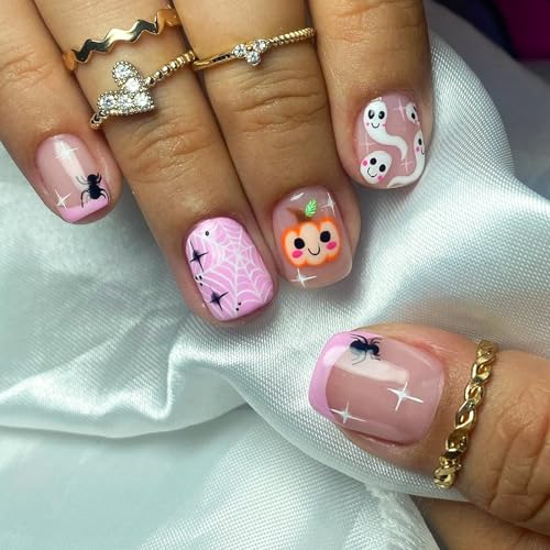 Halloween Press on Nails - 24pcs Square False Nails Short - Fake Nails with Glue - Spider Web Ghost Pumpkin Stick on Nails - Funny Acrylic Nails for Women Girls Nail Art Cosplay Decoration von YXBZKGDCNG