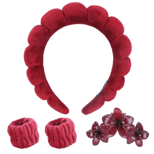 Puffy Spa Schwamm-Stirnband zum Waschen des Gesichts, Armband mit Haarklammer, Großpackung (Burgunderrot, 18 x 18 x 5 cm) von YXBZKGDCNG