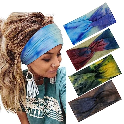 Stirnbänder für Damen, geknotetes Stirnband, elastische Stirnbänder, Damen-Haarband, rutschfest, Turban, bedruckt, stilvoll, Sport, Schweiß-Haarwickel für süßes Haar, 4 Stück von YXBZKGDCNG
