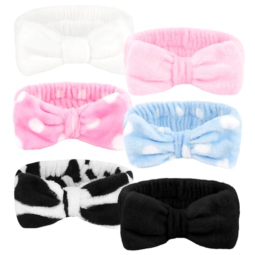 Stoff-Stirnbänder - 6 Stück flauschige Hautpflege-Stirnbänder für Gesichtswäsche, Make-up-Entfernung, hautsüße Schleifen-Haarbänder für Frauen von YXBZKGDCNG