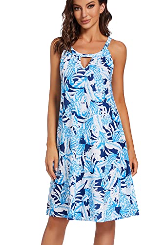 Damen Leichte Sommerkleid Rundhals Swing Tank-Kleid Ärmellos Strandkleid(bluepineapples,XL) von YXCFEWD
