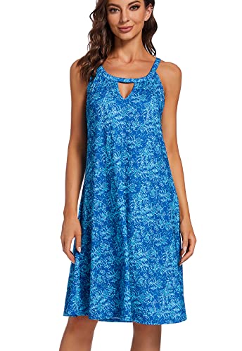 Damen Rundhals Ärmellos Sommerkleid Swing Kleid Verstellbaren Trägerkleid Midikleid Strandkleid(darkocean,XL) von YXCFEWD