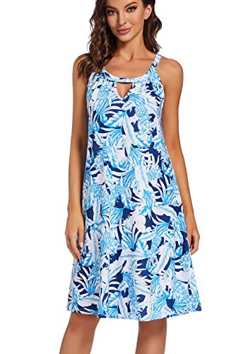 YXCFEWD Damen Kleid Sommer Ärmellos Sommerkleid Kurze Strandkleider Rundhals Leichte Freizeitkleid(bluepineapples,L) von YXCFEWD