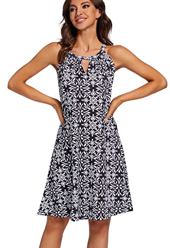 YXCFEWD Damen Sommerkleider Ärmellos Rundhals Strandkleid Verstellbaren Kleider(darkflowers,M) von YXCFEWD